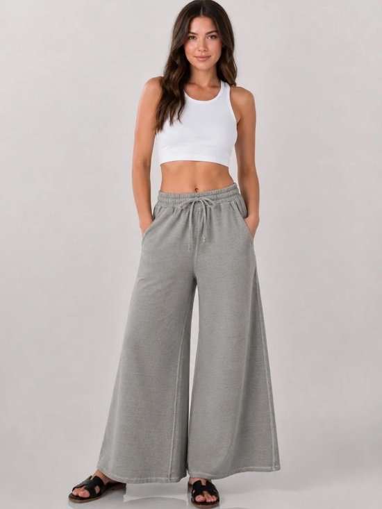 Pants - Zenana 100% Cotton Sleet Gray Washed French Terry Wide Leg Pants Large